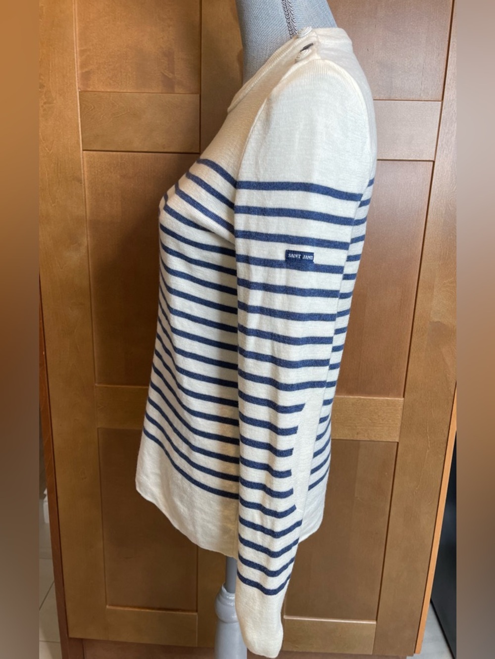 SAINT JAMES FRANCE Cream & Navy Nautical Striped Crewneck Wool Sweater, S (4-6) - Picture 4 of 13